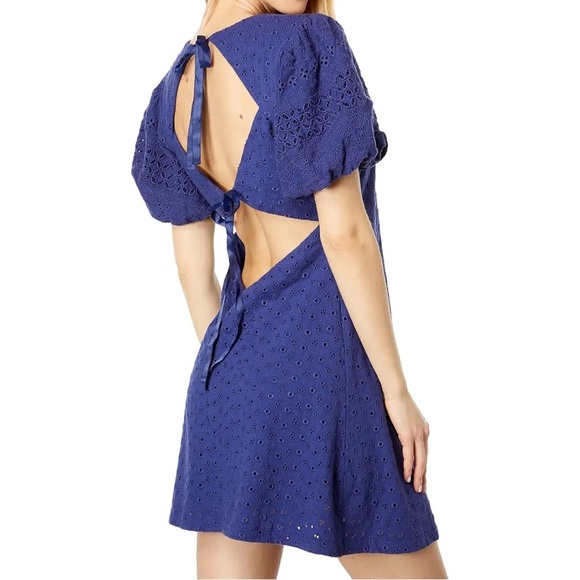 Free People Apricot Rose Dress Size Medium Living Indigo Eyelet Puff Sleeve NWT - Picture 2 of 16